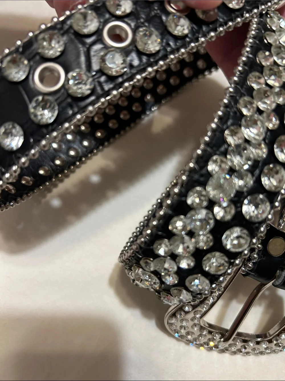 Women's Black Crystal-Studded Leather Belt - Sparkling Accent